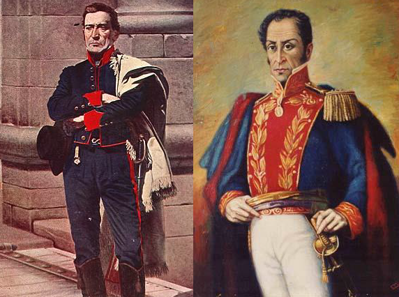 José Gervasio Artigas (left) and Simón Bolívar (right), liberators and national heroes of Uruguay and Venezuela, respectively.
