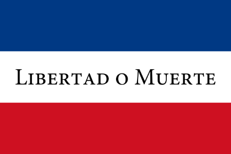 Flag of the thirty-three Orientals, a Uruguayan revolutionary group led by Juan Antonio Lavalleja against imperialist Brazil. The actions taken by this group culminated in the founding of Uruguay as an independent nation in 1825. The flag has the motto “freedom or death,” the national motto of Uruguay.